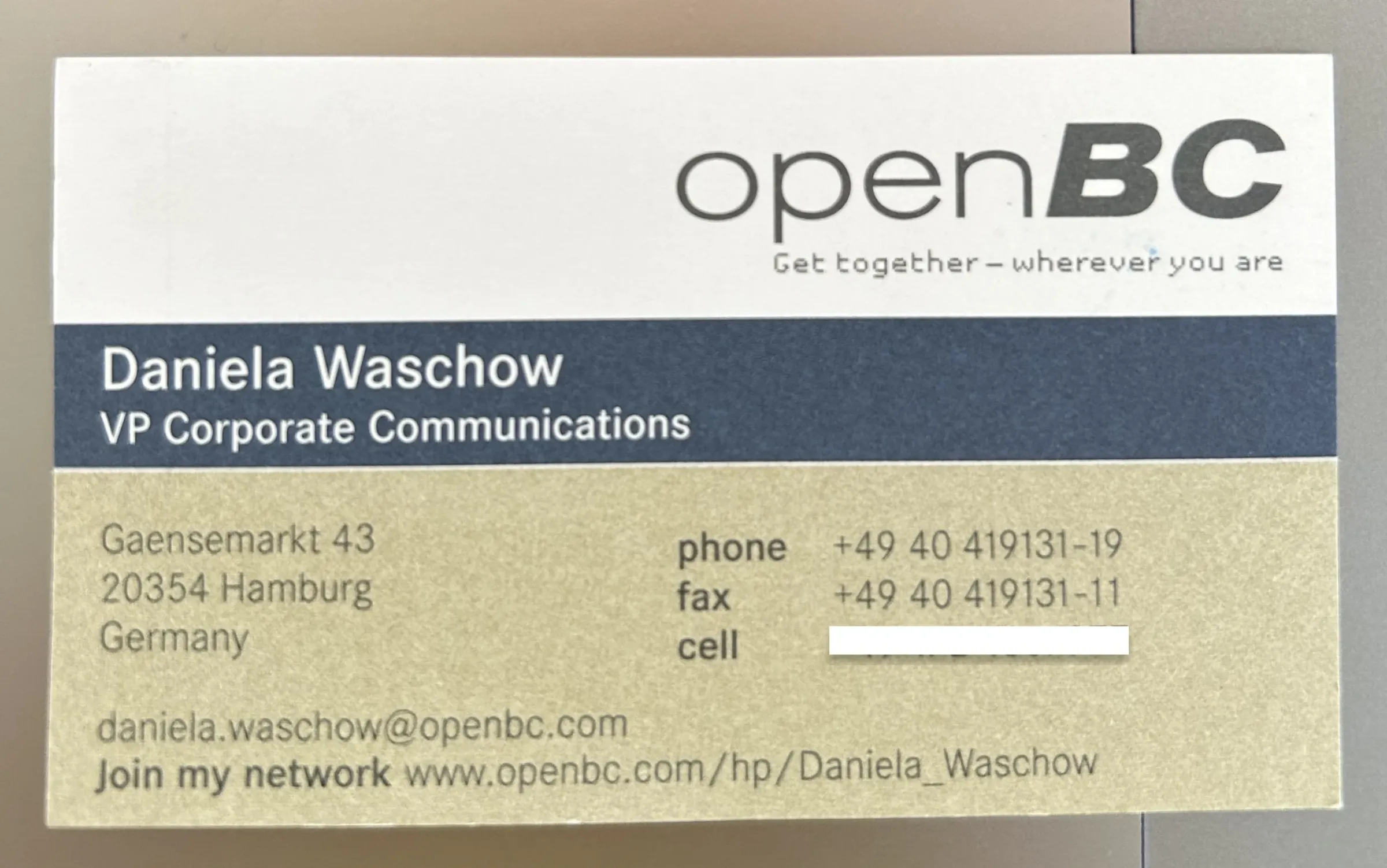 The openBC business card. Daniela Waschows - as she was named then - business card from openBC.